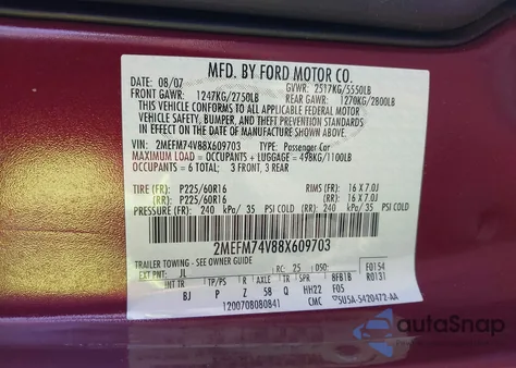 2008 Mercury Grand Marquis Gs from USA, damaged, VIN 2MEFM74V88X609703